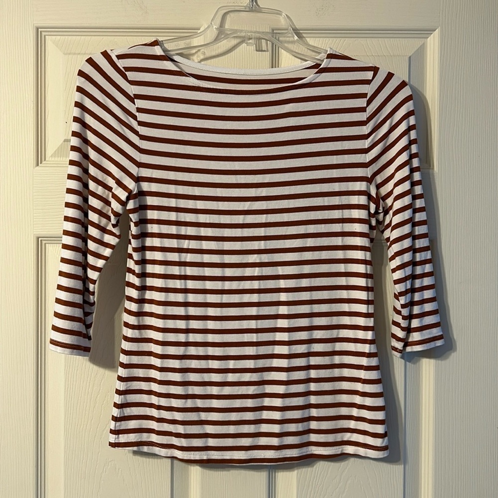 A New Day Carmel Brown & Cream Stripe 3/4 Sleeve Shirt Small